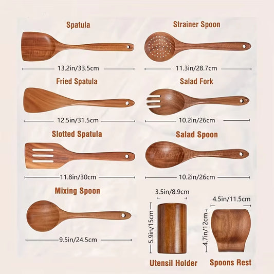 9PCS Wooden Spoons for Cooking, Wooden Utensils for Cooking with Utensils Holder, Teak Wooden Kitchen Utensils Set