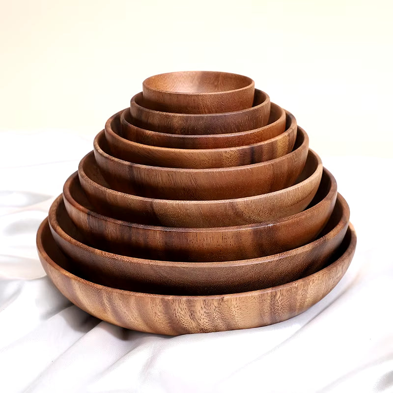 Food Container Acacia Wooden Bowl Wooden Tableware Household and Fruit Plate Salad Bowl Whole Wooden Soup Bowl Wooden Plate